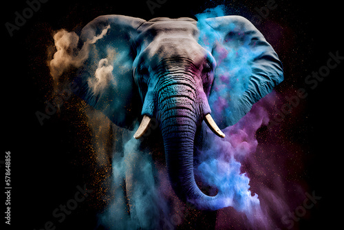 Elephant with colorful powder explosion all around on dark background - Generative AI