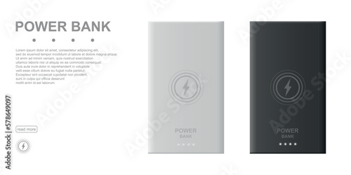 Set of silver and black power banks realistic vector illustration isolated on white background. 3D concept.