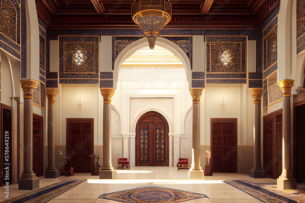Islamic architecture Gate, arches, columns. Mosque interior. Abstract oriental interior. Ramadan Kareem background. Generative ai