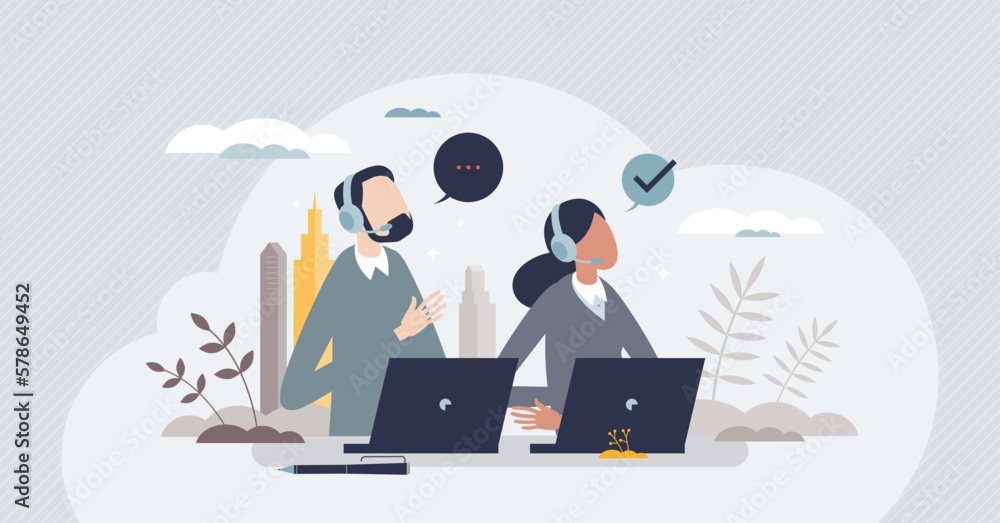 Cold calling as telemarketing strategy for phone sales tiny person concept. Communication with customer offer and telecommunication proposal to buy vector illustration. Salesman team conversation.