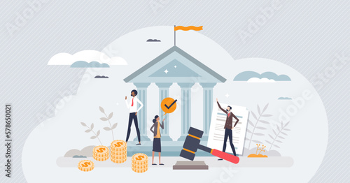 Financial regulation as principles for EU budget tiny person concept. Banking management with government standards for money organization vector illustration. Establishment, implementation and control