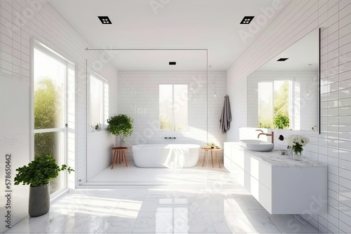 The white tile  wide mirror  bathtub  and shower enclosure in this modern bathroom make for a light and airy space. Generative AI