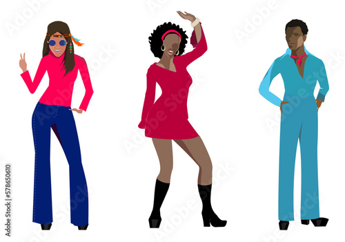 Set of people from 70s.  Stylish character in party clothes of 70s. 
Flat vector illustration isolated on white background.
Design for paper, print, fabric, wallpaper, poster, card, avatar