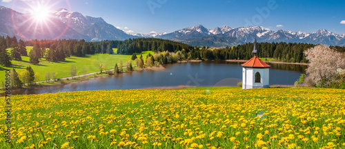 panoramic view to rural landscape with mountain range and meadow at springtime
