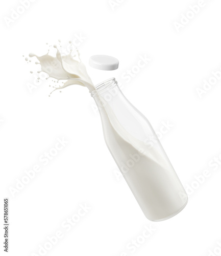 Milk bottle and Milk Liquid Splash on white background, 3d illustration.