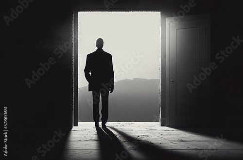 Back view of businessman walking to the bright light gate background, success and leadership concept, generative ai