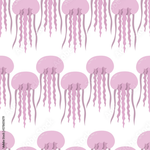 Pink medusa. Eared Aurelia. Seamless vector pattern. Endless ornament of marine invertebrates with tentacles. Flat style. Isolated background. Ocean dweller. Idea for web design.