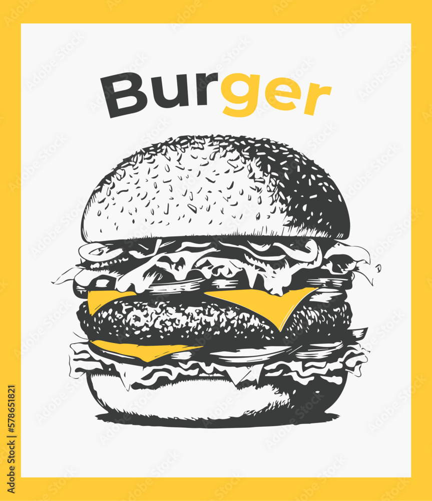 Vintage drawing burger. Design for a poster, banner, on the theme of fast food. Vector black and white elements.