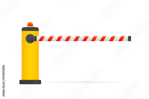Closed car barriers. Parking car barrier gate. Street road stop border. Barricade with flashing lamp for security. Border for entrance to park, garage, construction. Vector illustration