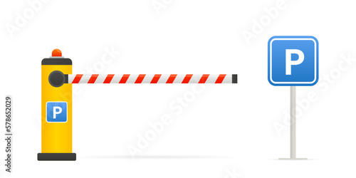 Closed car barriers. Parking barrier gate sign. Street road stop border. Barricade with flashing light for safety. Curb for entering the park, garage, construction. Vector illustration