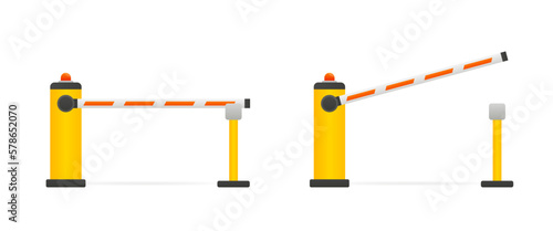 Open, closed barrier parking gate set with stop sign isolated on white background. Barricade with flashing light for safety, border stop. Car barriers. Curb for entering the park. Vector illustration