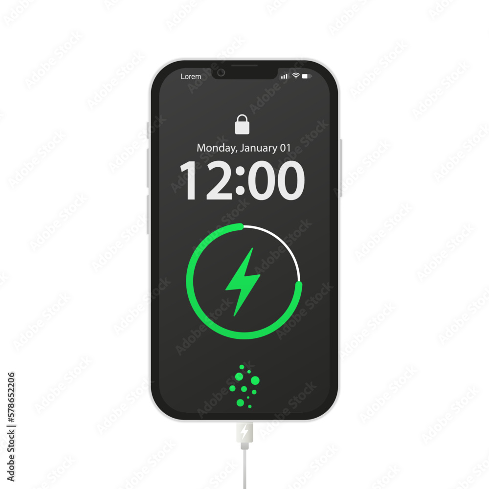 Realistic mobile phone with charging sign. The gadget is isolated on a white background. Wireless charging energy sign. Electricity accumulators. Electricity sign. Charging wire. Vector illustration Realistic mobile phone with charging sign. The gadget is isolated on a white background. Wireless charging energy sign. Electricity accumulators. Electricity sign. Charging wire. Vector illustration