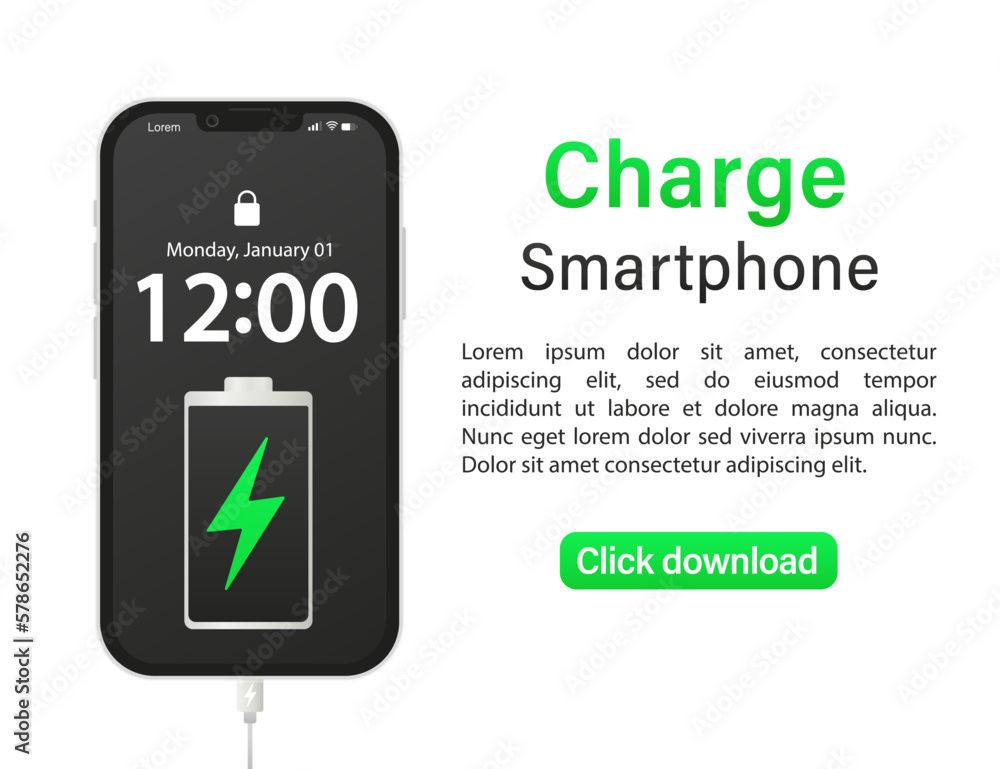 Charging design on smartphone in flat style. Mobile phone screen with battery indicators. Accumulators of electricity. Electricity sign. Charging wire. Banner for social networks. Vector illustration Charging design on smartphone in flat style. Mobile phone screen with battery indicators. Accumulators of electricity. Electricity sign. Charging wire. Banner for social networks. Vector illustration