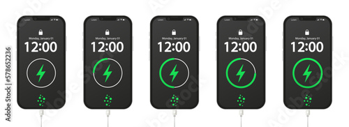 Mobile phone screen with full, medium and low battery indicators. Electricity accumulators. Electricity sign. Charging wire. Vector illustration