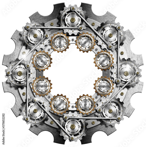 Large metal gear (cogwheel) with many small connected gears (cogwheels), isolated on white or transparent background, 3d illustration, png.