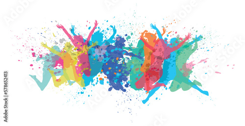 sagome di persone che saltano, concetto allegria, felicità, macchie di colore stile vernice