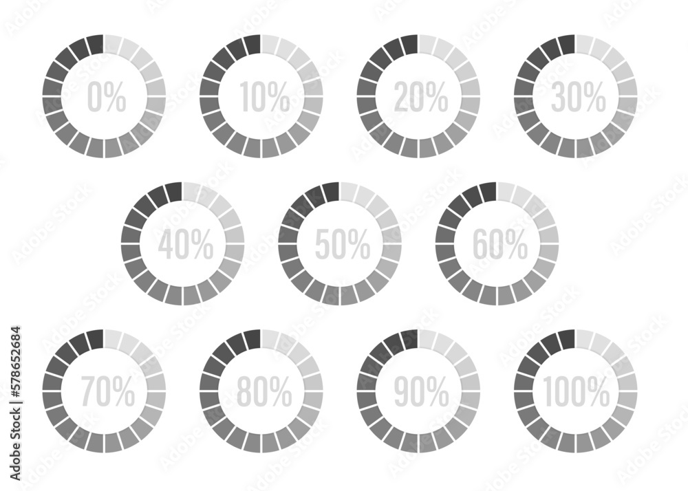 Set of percentage pie charts for infographics, pie charts from 10 to