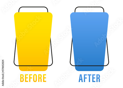 Before and after background template. Two color retro background with halftone corners and frames for comparison. Comparison card with copy space. Vector illustration