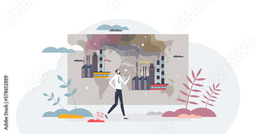 Carbon leakage as company strategy to move CO2 factory to third country with less strict greenhouse gas policy tiny person concept, transparent background. Global ecological pollution problem.