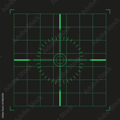 Radar screen (raster image). Sniper scope template with measurement marks on white isolated background. The concept of aiming, finding the main goal. Vector illustration