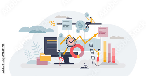 Financial modeling as assets or value data representation tiny person concept, transparent background. Market analysis with statistical or mathematical calculations illustration.
