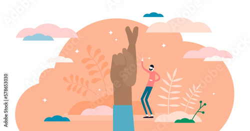 Fingers crossed symbol illustration, transparent background. Hope, luck and faith flat tiny persons concept. Hand gesture as nonverbal communication in danger, stressful or emergency situations.