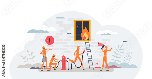 Firefighters occupation and emergency burning situation tiny person concept, transparent background. Fire rescue and flames extinguisher work with professional man teamwork illustration.