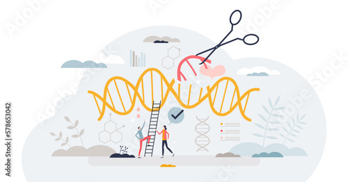 Genetic engineering and DNA gene sequence modification tiny person concept, transparent background. Molecular research with scientific genome replacement to avoid disease.