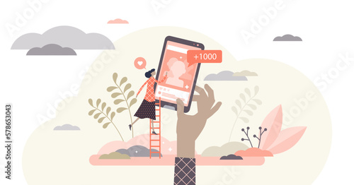 Followers illustration, transparent background. Social media crowd in flat tiny persons concept. Influencer post in online technology website. Subscribers communication with audience network.