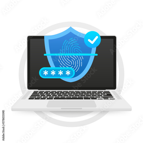Laptop Biometric fingerprint password with padlock and shield icon. Touch ID. Password interface to log in. Cyber security, data protection and privacy concept. Vector illustration