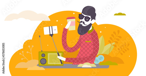 Hipster illustration, transparent background. Vintage youth in flat tiny persons concept. Popular urban subculture that emphasizes style, authenticity and uniqueness.