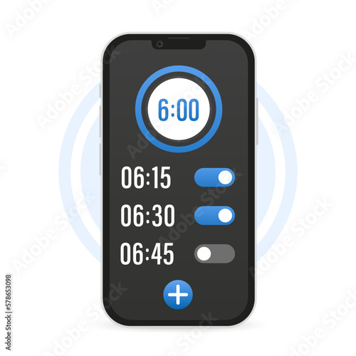 Mobile phone watch widget interfaces. Clock user interface. Alarm stopwatch timer. Mobile wake up application page blue design layout. On, turned off. Setting up screen alarm. Vector illustration