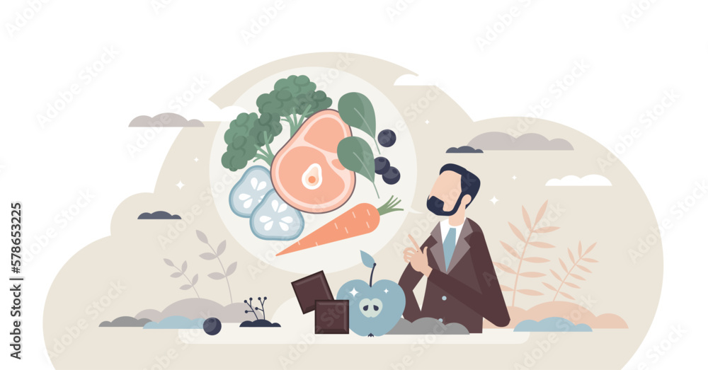 Low carb diet as carbohydrates exclusion from menu tiny person concept, transparent background.Reduced sugar intake as healthy meal option with vegetables, greens or meat illustration.