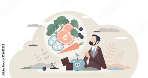 Low carb diet as carbohydrates exclusion from menu tiny person concept, transparent background.Reduced sugar intake as healthy meal option with vegetables, greens or meat illustration.