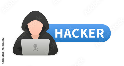 Hacker Cyber criminal with laptop computer stealing user's confidential data, personal information. Hacking concept. Hacking and web security. Internet phishing concept. Vector illustration