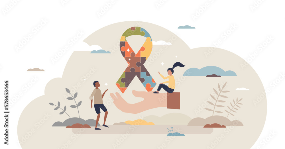 Autism disease puzzle symbol for mental children disease tiny person concept, transparent background. Disability syndrome symbolic ribbon for medical kid illness illustration.