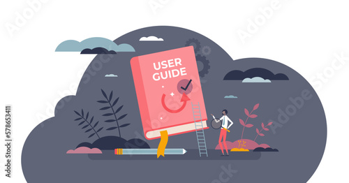 User guide manual as document with product guidance info tiny person concept, transparent background.Help instructions and information about usage or FAQ illustration.