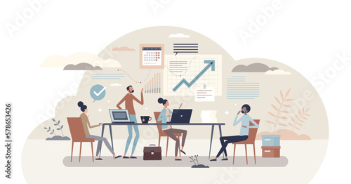 Working team and business group teamwork for success project development tiny person concept, transparent background. Communication in office meeting about company future strategy illustration.