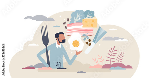 Atkins diet as low carbs consumption and keto food eating tiny person concept, transparent background. Weight loss meals with vegetables and meat as dietary lifestyle.