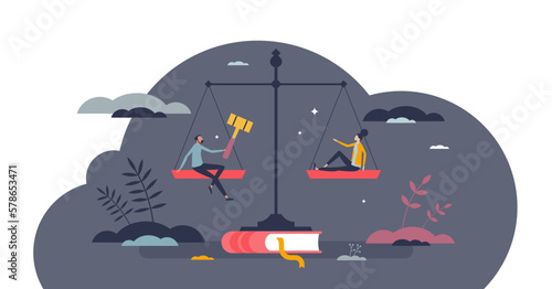 Balance of the law and freedom for ethical legal system tiny person concept, transparent background. Court scale as dignity, liberty, equality and inalienable rights symbol illustration.