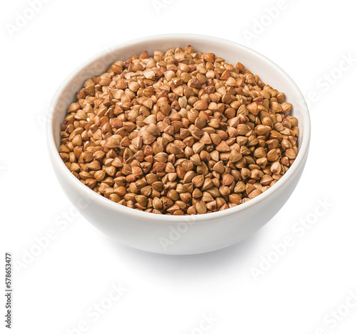 Bowl of buckwheat isolated on white background