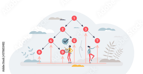 Bottom view of binary tree as data structure with nodes tiny person concept, transparent background. Computer science scheme with two children for parent in digital branch illustration.