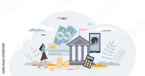 Bank account with money deposit, transactions or transfer tiny person concept, transparent background. Financial actions with mobile app for digital payment making illustration.