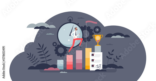 Business performance efficiency and success achievement tiny person concept, transparent background. Company goal target successful accomplishment with effective and productive work illustration.