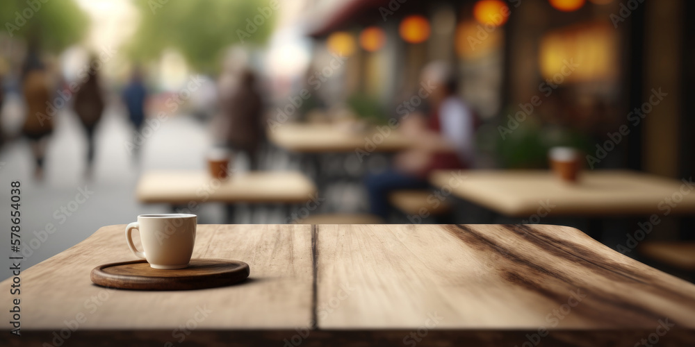 Empty cafe outdoor wooden table top for product display. Generative ai