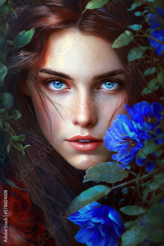 Portrait of the beautiful girl with the blue eyes and with blue flowers in hair. Generative AI technology