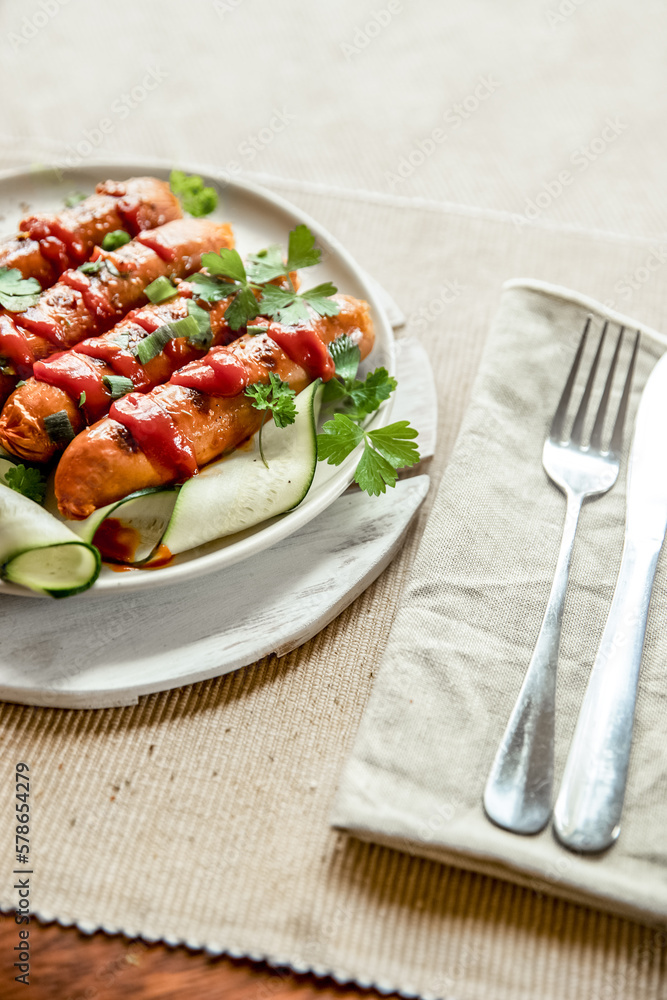 chicken or pork sausages served for meal, bbq or grilled. High quality photo chicken or pork sausages served for meal, bbq or grilled. High quality photo