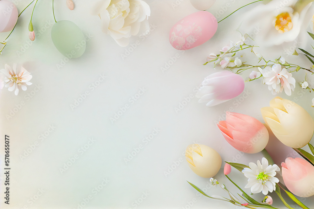 Background with copy space and flowers for women. , Pastel colors illustration top view Women's History Month banner.  generative AI, generative, ai