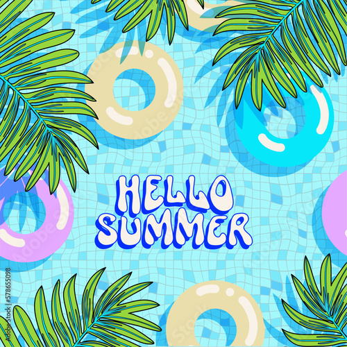 Vector Hello Summer greeting card. Y2K style modern Memphis 90s psychedelic postcard. Surface design illustration. Colorful summertime backdrop. Simple flat swimming pool background