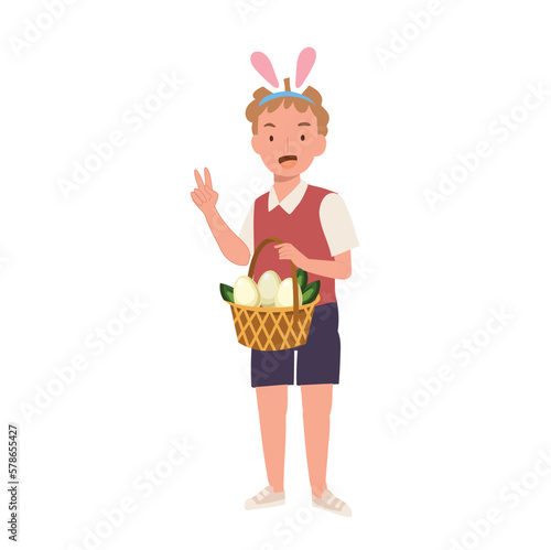 Happy Easter Day. Little boy with bunny ears showing fully basket from hunting an easter egg. Flat style vector illustration.